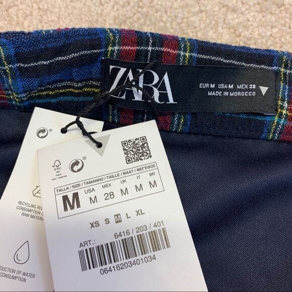 Zara Navy blue red high-rise plaid check midi skirt asymmetrical bubble hem Sz M - Picture 5 of 12